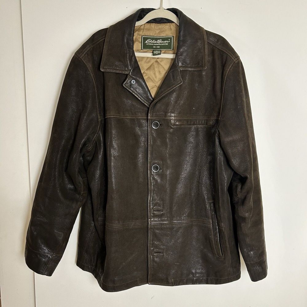 Vintage Eddie Bauer Men's XL Leather Car‎ Coat Chore Jacket Brown Quilted Lined